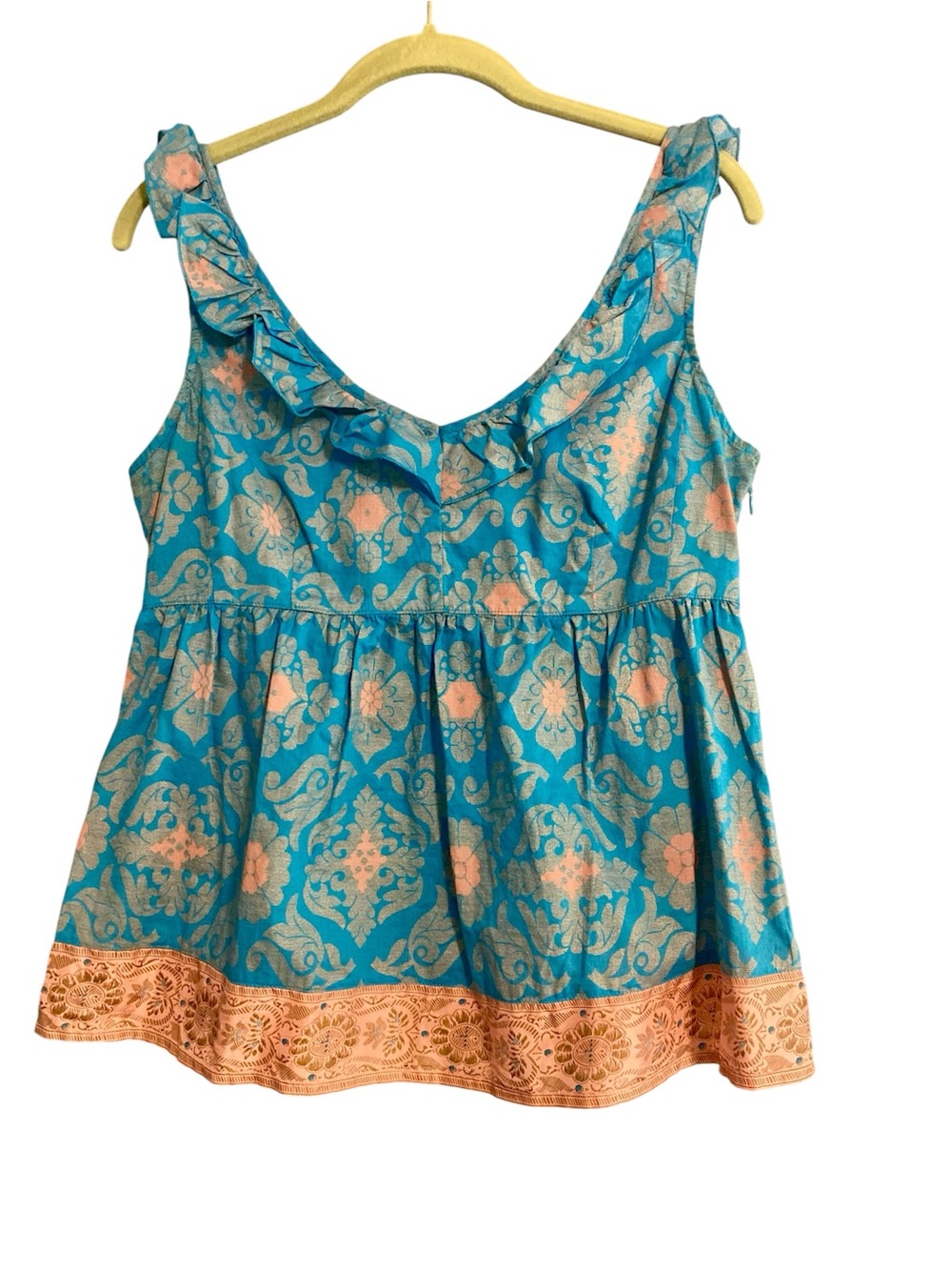 Anthropologie Edme & Esyllte Turquoise Peach Floral Masala Ruffle-Neck Tank Sz 6